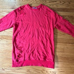Red Oversized Distressed Crewneck Sweatshirt